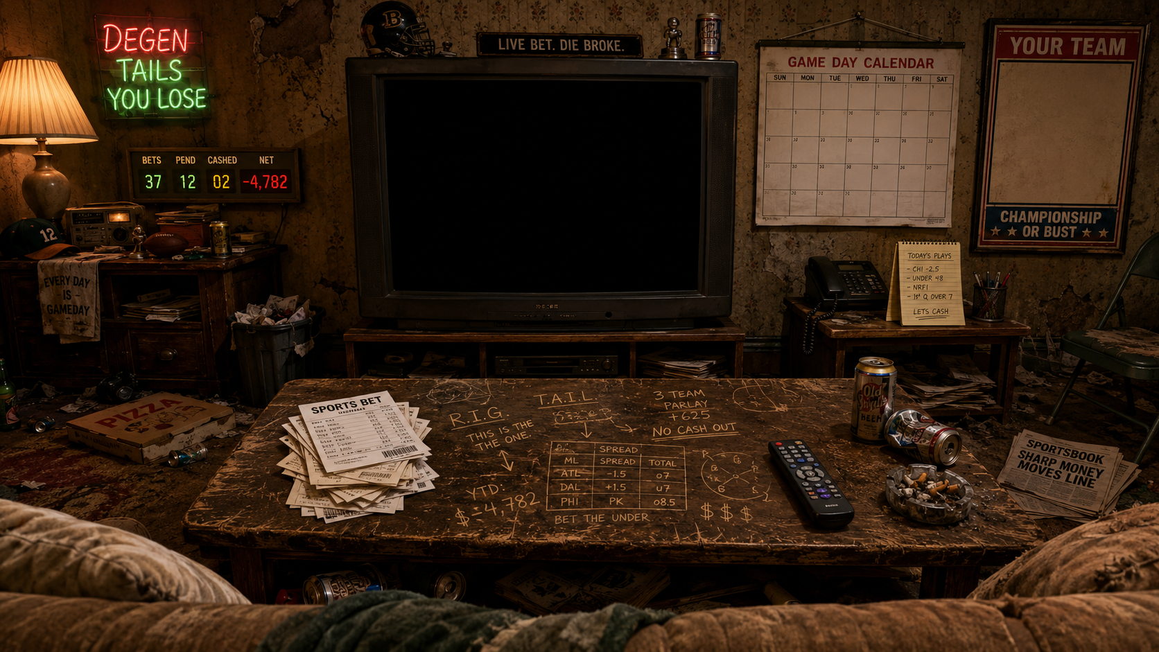 A dim sports betting club room with a television, remote, betting slips, scoreboard, calendar, poster, phone, newspaper, and neon sign.